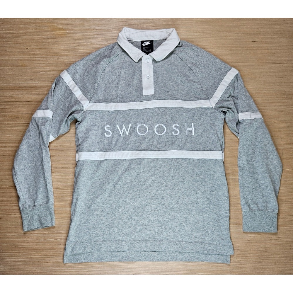 Nike Sportswear Mens M Rugby Shirt Gray Long Sleeve‎ Swoosh Spellout Y2K Style